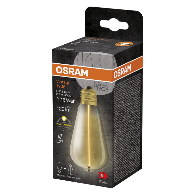 Лампа светодиодная 2.2W 220V 120lm 2700K E27 64x140mm филаментная [4099854049873] OSRAM Vintage 1906 LED CLASSIC A