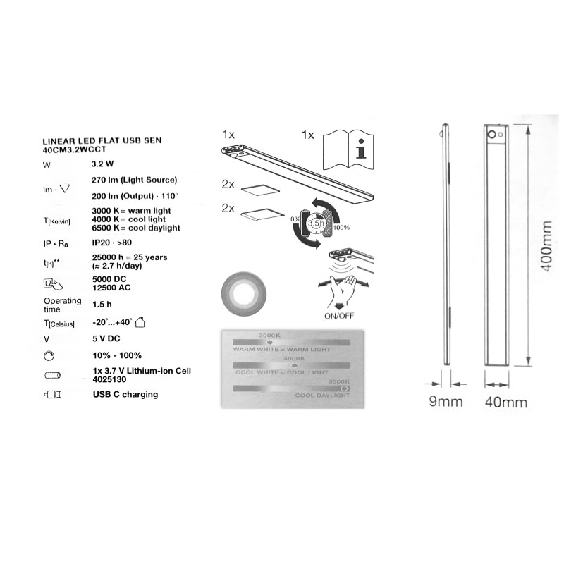 Світильник 3.2W 5V 200lm 3000-6500K 1500mAh 400х40 USB [4058075762213] OSRAM Linear LED Flat Sensor