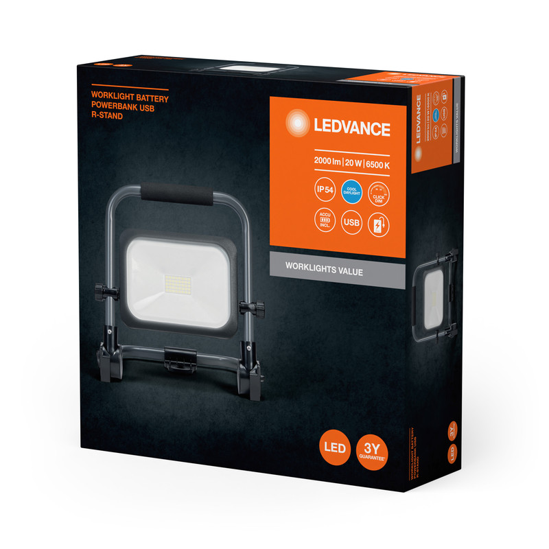 Прожектор LED 20W 5V 2000lm 6500K IP54 DIM 266x220x276mm с аккумулятором [4058075831131] Ledvance Worklight Val Bat