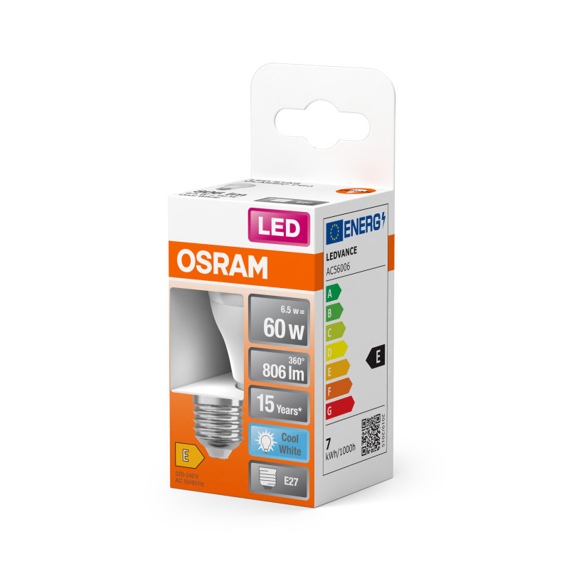 Лампа LED 6.5W 220V 806lm 4000K E27 45x77mm груша [4099854022005] OSRAM Star Classic P60 Frosted