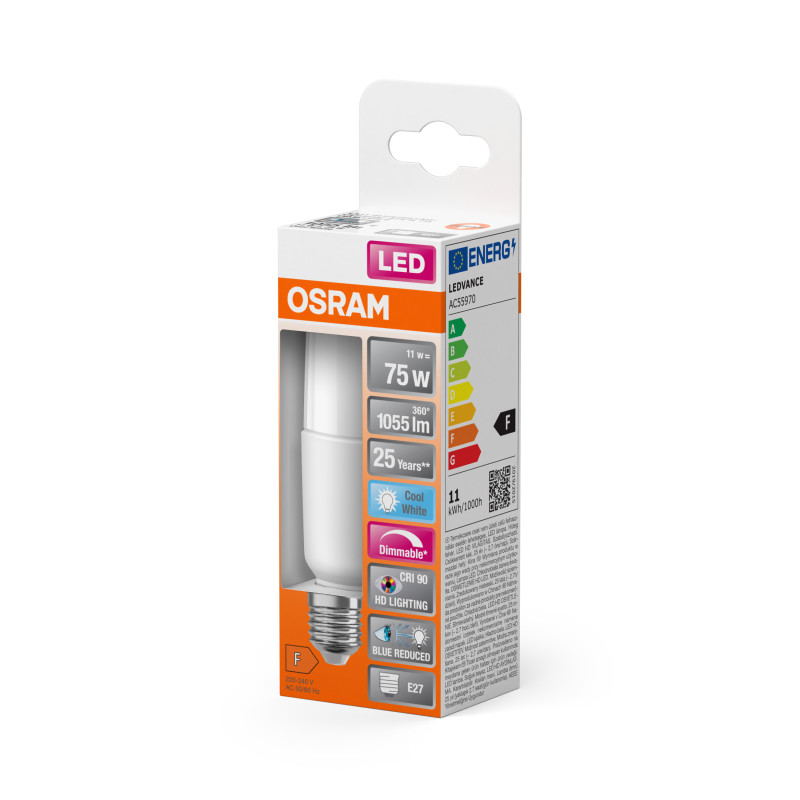 Лампа LED 11W 220V 1055lm 6500K E27 DIM 40x117mm прямая [4058075611580] Osram STICK 75