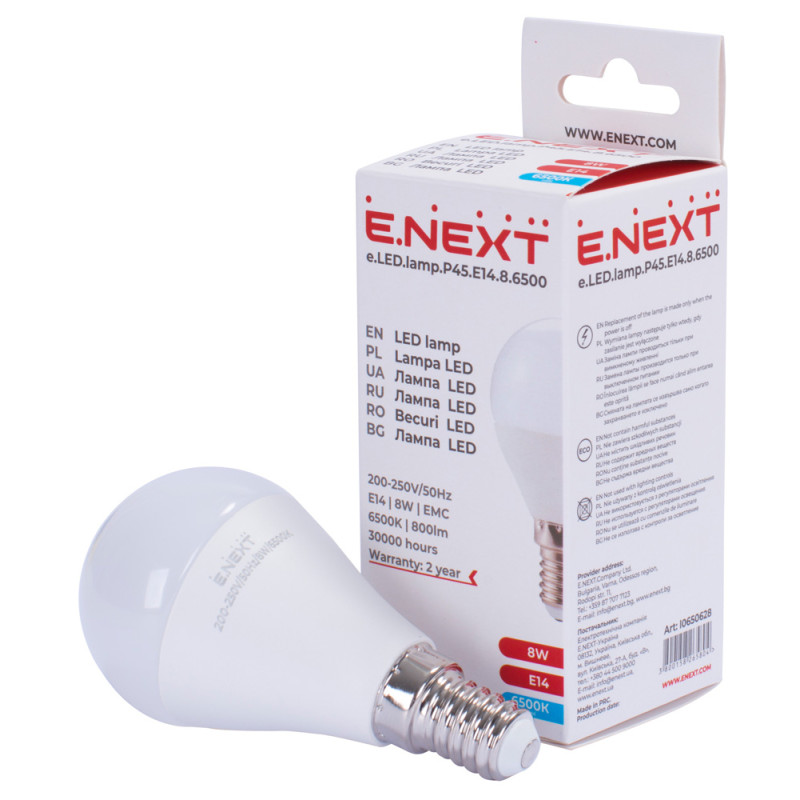 Лампа LED 8W 220V 800lm 6500K E14 куля [l0650628] E.NEXT e.LED.lamp.P45.E14.8.6500