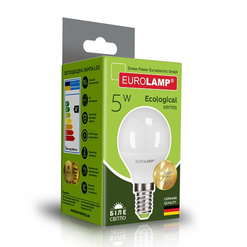 Лампа светодиодная 5W 220V 480lm 4000K Е14 45х78mm шар [4260484998644] LED-G45-05144(P) EUROLAMP