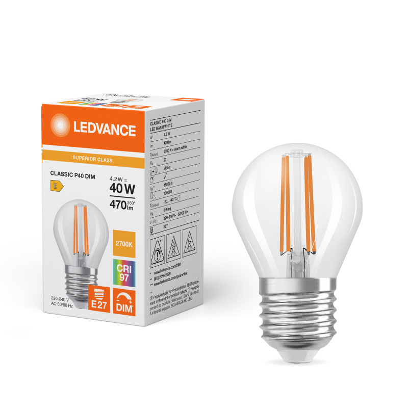 Лампа LED филаментная 4.2W 230V 470lm 2700K E27 45x75mm DIM шар [4099854077968] LEDVANCE LED CL P40
