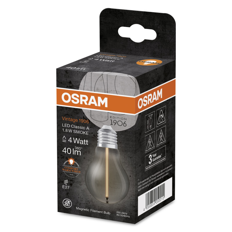 Лампа светодиодная 1.8W 220V 40lm 1800K E27 60x105mm филаментная [4099854050015] OSRAM Vintage 1906 LED CLASSIC A
