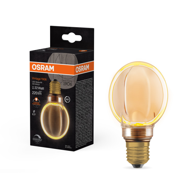 Лампа LED 4W 220V 220lm 1800K E27 DIM 80x120mm филаментная [4058075846067] Osram Vintage 1906 Globe Gold