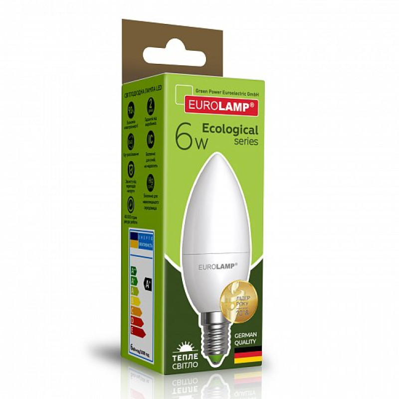 Лампа светодиодная 6W 220V 520lm 3000K Е14 37х102mm свеча [4260484996480] LED-CL-06143(P) EUROLAMP
