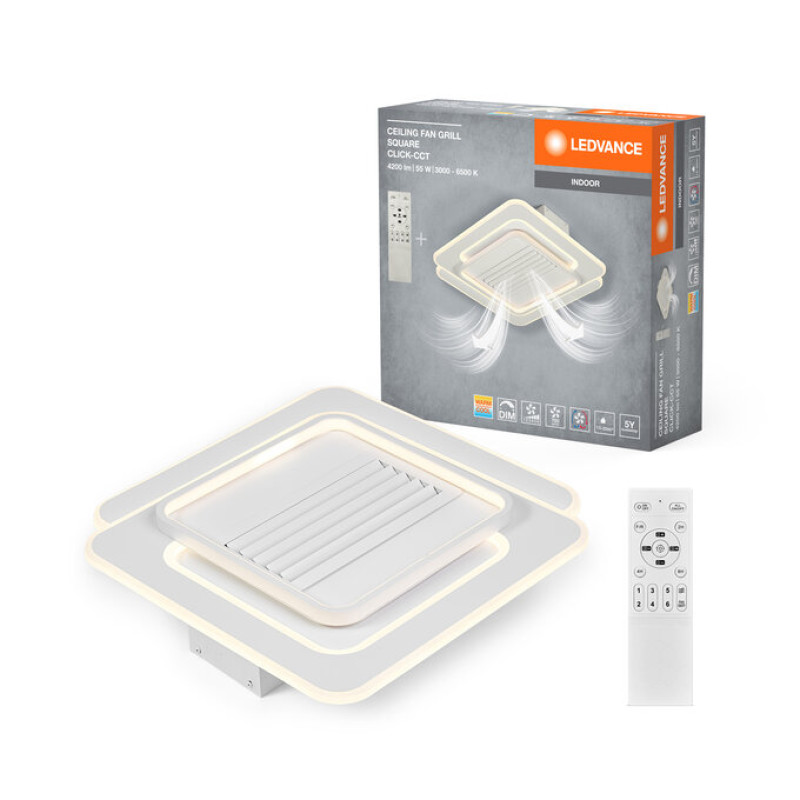 LED светильник потолочный с вентилятором 55W 220V 3100lm 3000-6500K IP20 553x553x157mm DIM пульт управления [4099854397677] FAN GRILL Ledvance