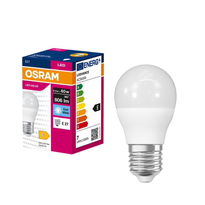 Лампа LED 6,5W 230V 806lm 4000K E27 45x77mm груша [4099854547379] Value CL P60 Osram