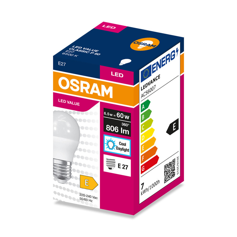Лампа светодиодная 6,5W 230V 806lm 6500K E27 45x77mm шар [4099854547454] LED VALUE CL P60 OSRAM