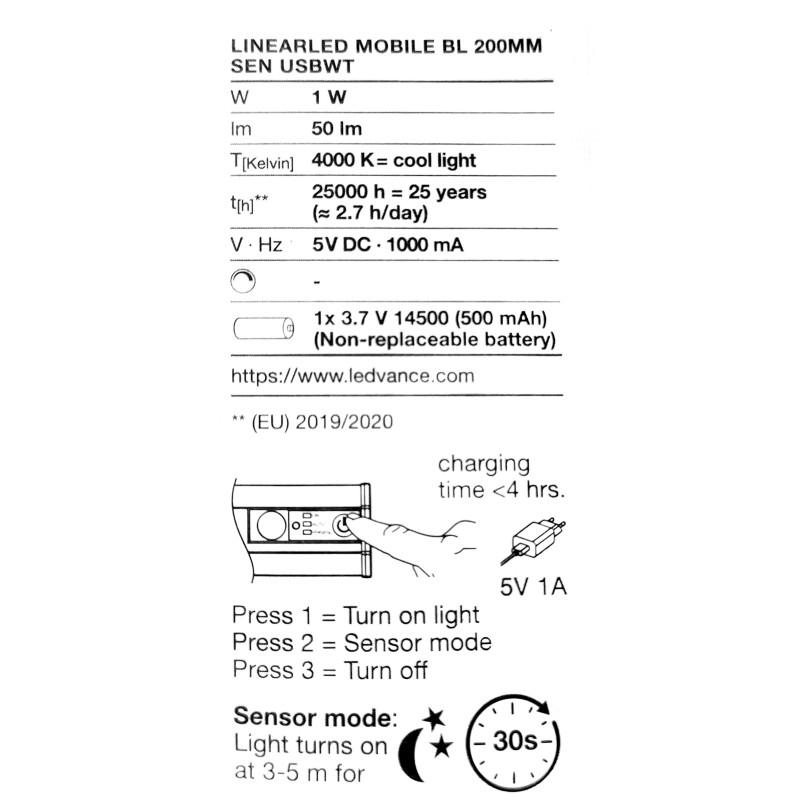 Светильник 1W 5V 50lm 4000K 500mAh 256х46х41mm [4099854531897] OSRAM LINEARLED MOBILE BL