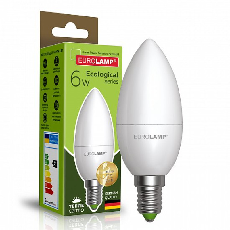 Лампа светодиодная 6W 220V 520lm 3000K Е14 37х102mm свеча [4260484996480] LED-CL-06143(P) EUROLAMP