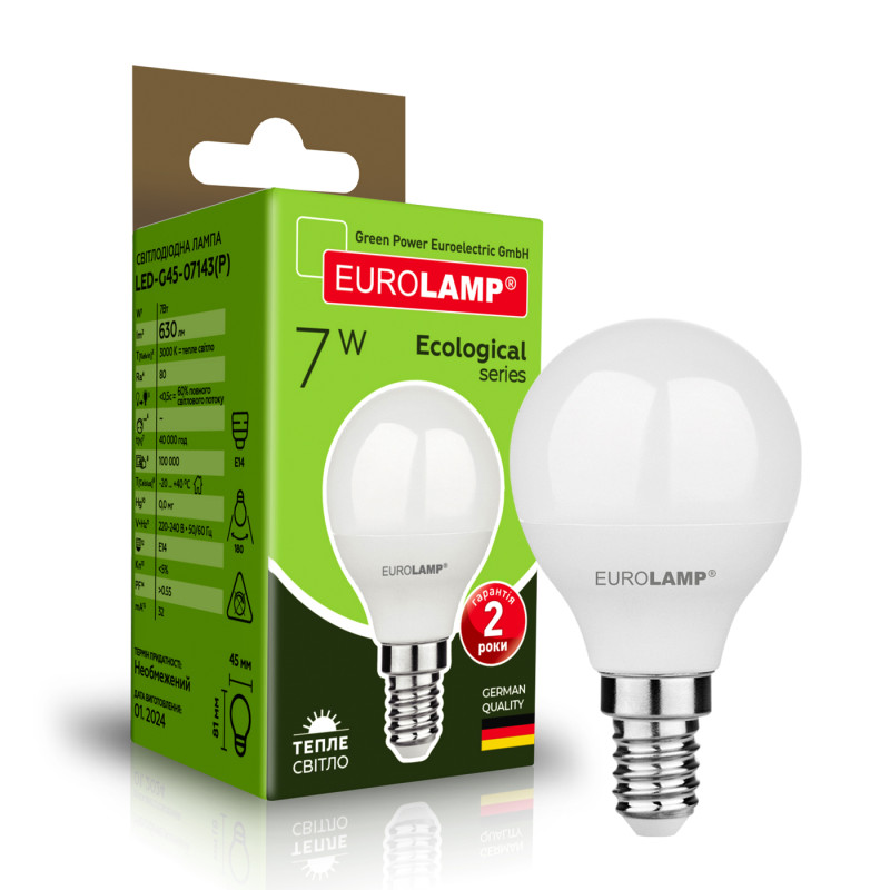 Лампа светодиодная 7W 220V 630lm 3000K E14 45x81mm шар [4262380665002] EUROLAMP LED-G45-07143(P)