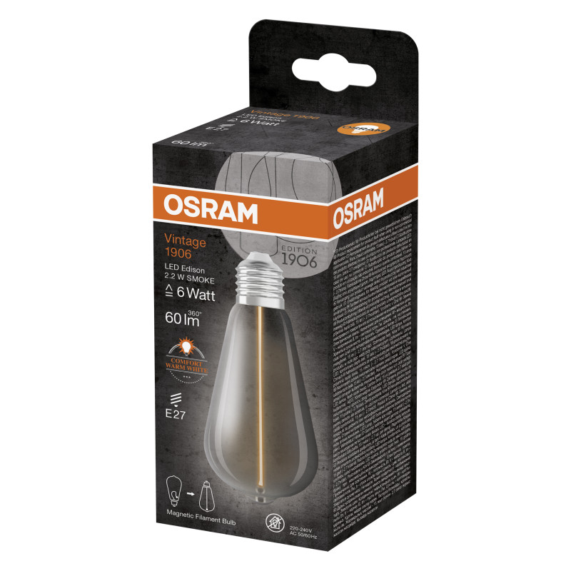 Лампа светодиодная 2.2W 220V 60lm 1800K E27 64x140mm филаментная [4099854049897] OSRAM Vintage 1906 LED CLASSIC A