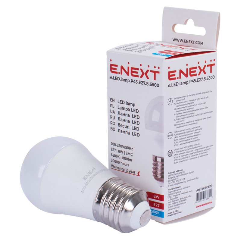 Лампа LED 8W 220V 800lm 6500K E27 куля [l0650629] E.NEXT e.LED.lamp.P45.E27.8.6500