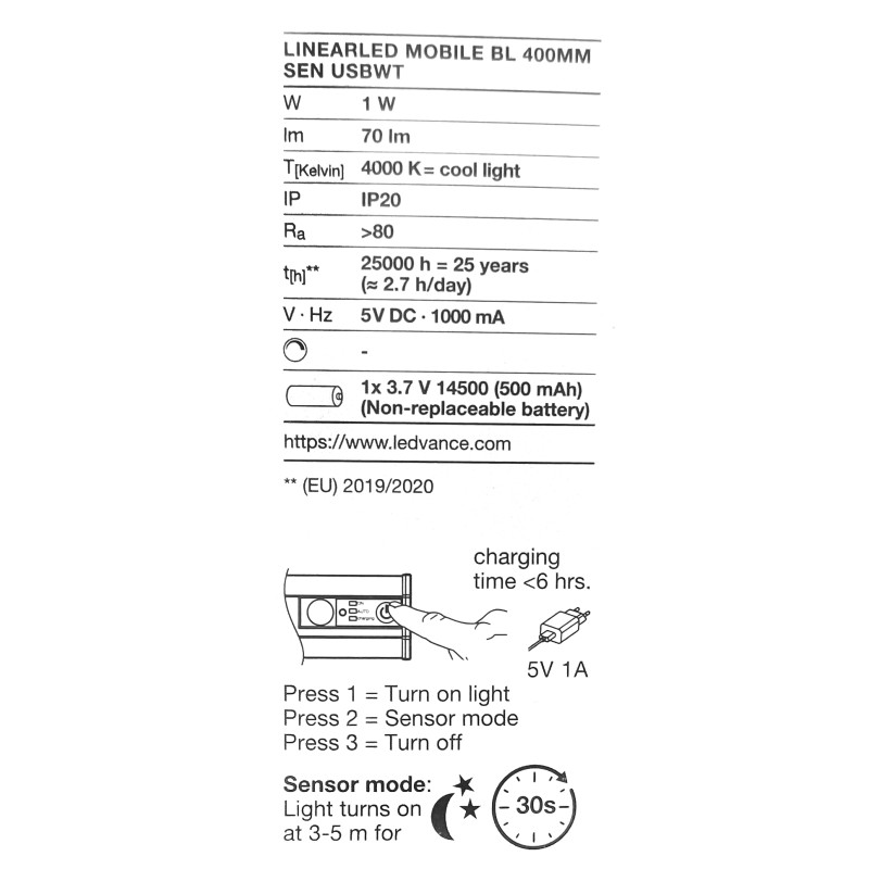 Светильник 1W 5V 70lm 4000K 500mAh 451х46х41mm [4099854532016] OSRAM LINEARLED MOBILE BL