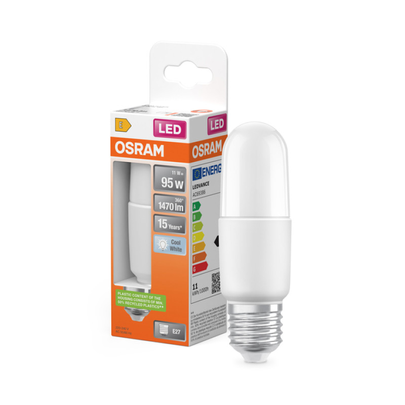 Лампа світлодіодна 11W 230V 1470lm 4000K E27 40x117mm пряма [4099854480416] LED Star Stick Osram