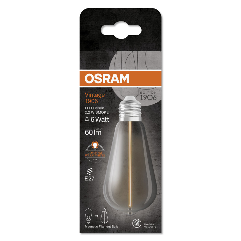Лампа светодиодная 2.2W 220V 60lm 1800K E27 64x140mm филаментная [4099854049897] OSRAM Vintage 1906 LED CLASSIC A
