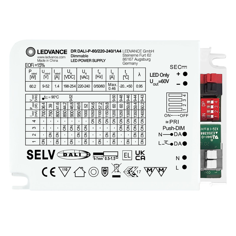 LED драйвер 10x1 60W 220-240V выходная 60V 1400mA DIM IP20 [4058075779662] Ledvance DR DALI-P
