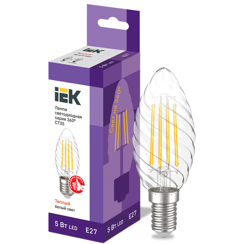 Лампа светодиодная винтажная 5W 220V 3000К E27 35x97mm филаментная [LLF-CT35-5-230-30-E27-CL] серия 360° УЕК