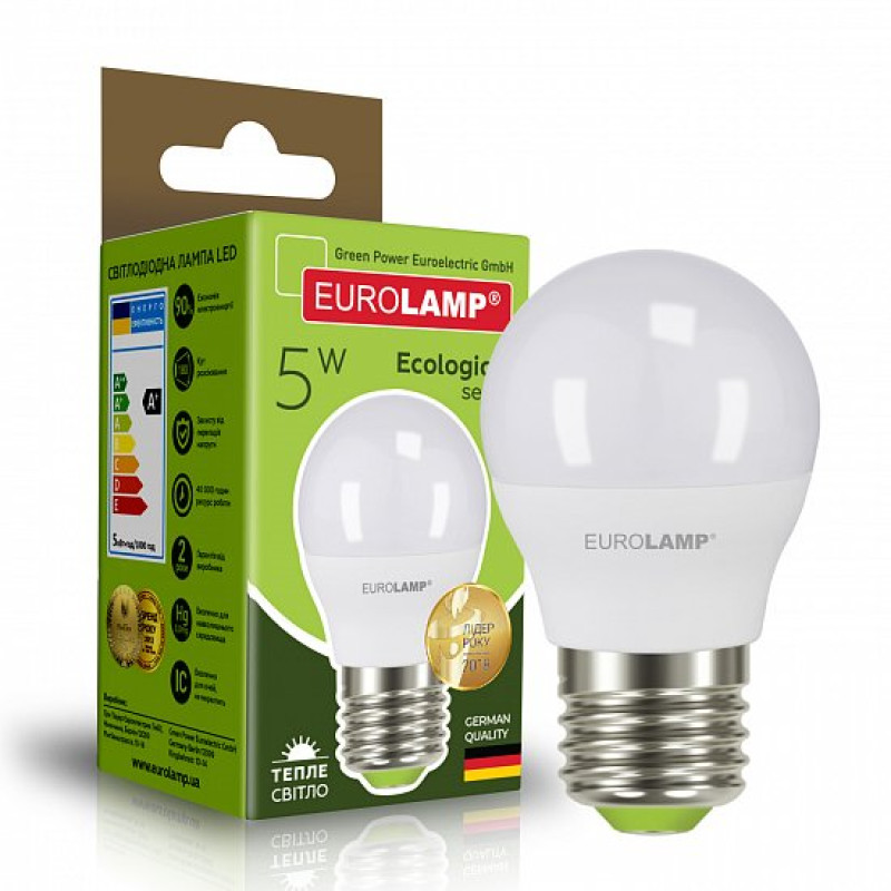 Лампа светодиодная 5W 220V 480lm 3000K Е27 45х74mm шар [4260484998651] LED-G45-05273(P) EUROLAMP