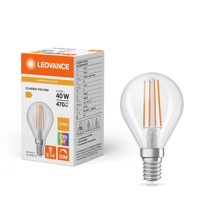 Лампа LED филаментная 4.2W 230V 470lm 2700K E14 45x78mm DIM шар [4099854065750] LEDVANCE LED CL P40
