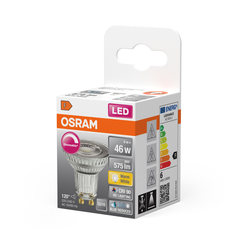 Лампа светодиодная 6W 230V 575lm 2700K GU10 DIM 50x52mm рефлекторная [4058075613164] LED PAR16 OSRAM