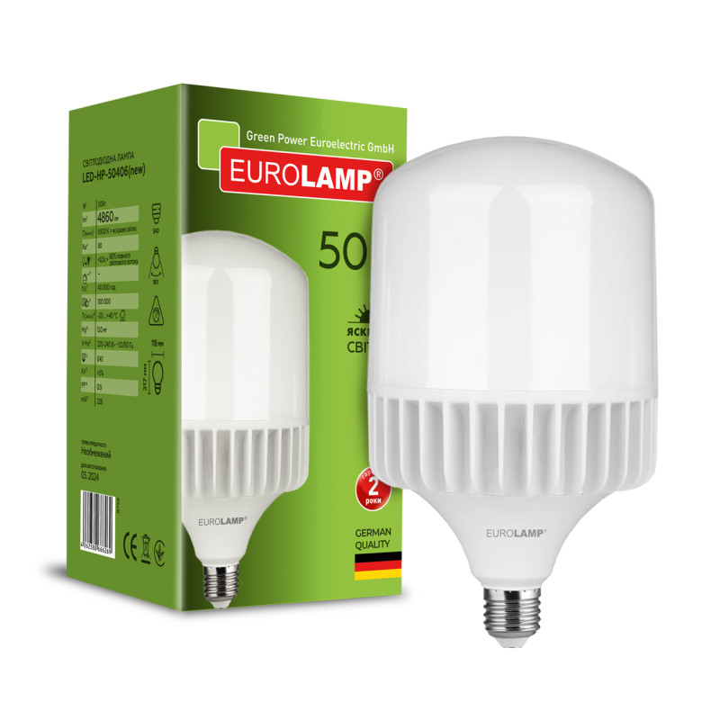 Лампа светодиодная 50W 230V 5200lm 6500K E40 118х217mm DIM сверхмощная [4262380666269] LED-HP-50406(new) EUROLAMP