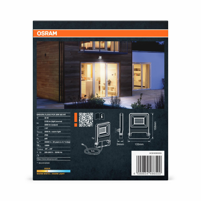 Светильник 30W 230V 2700lm 3000K IP65 193x39x170mm [4099854486500] Osram ENDURA FLOOD Warm White