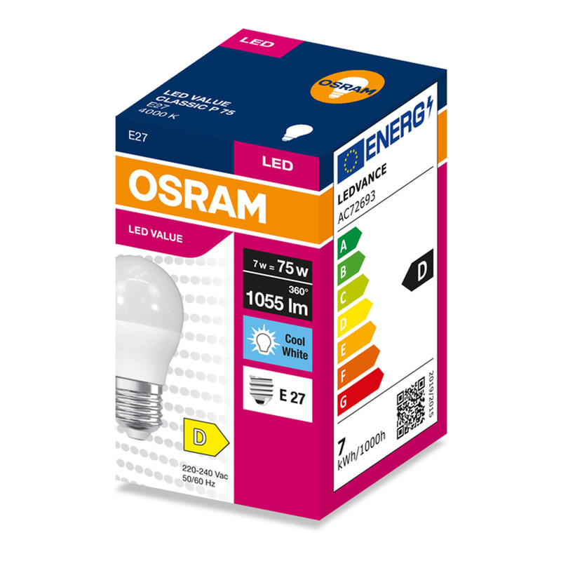 Лампа світлодіодна 7W 230V 1055lm 4000K E27 45x77mm куля [4099854546907] LED VALUE CL P75 OSRAM