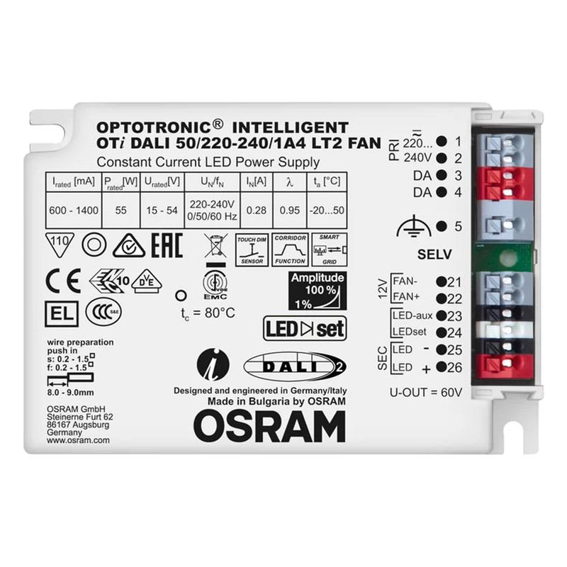 LED драйвер 50W 220-240V выходная 15-54V 1400mA DIM FAN IP20 [4052899488182] Osram OTi DALI LT2