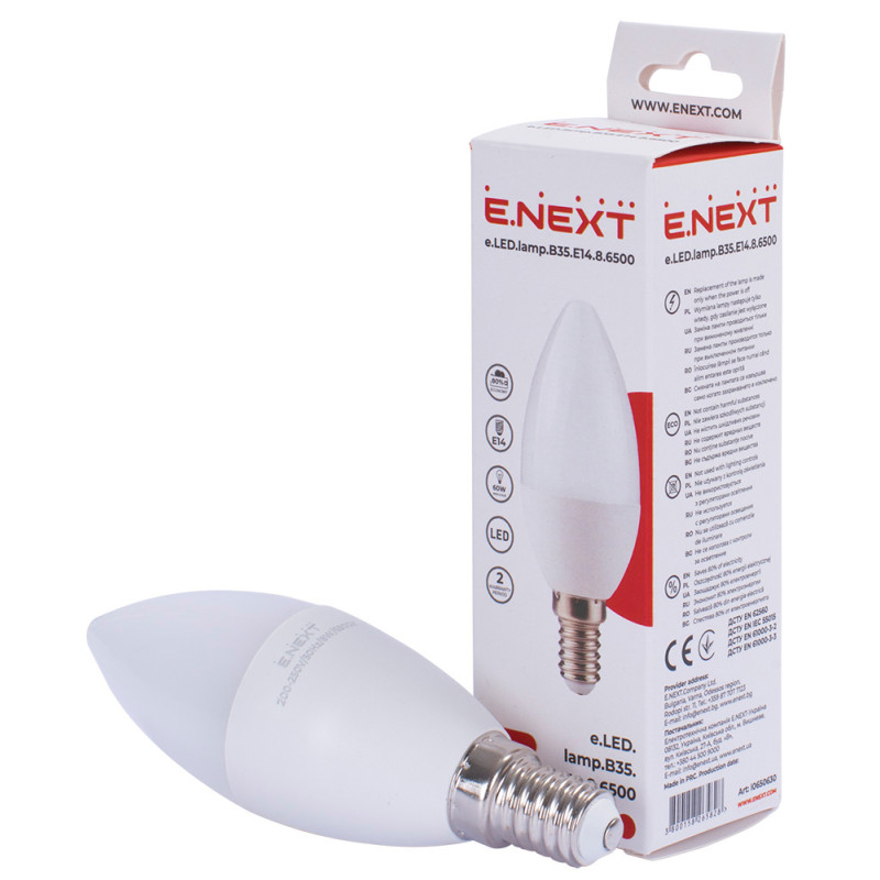 Лампа LED 8W 220V 800lm 6500K E14 свічка [l0650630] E.NEXT e.LED.lamp.B35.E14.8.6500