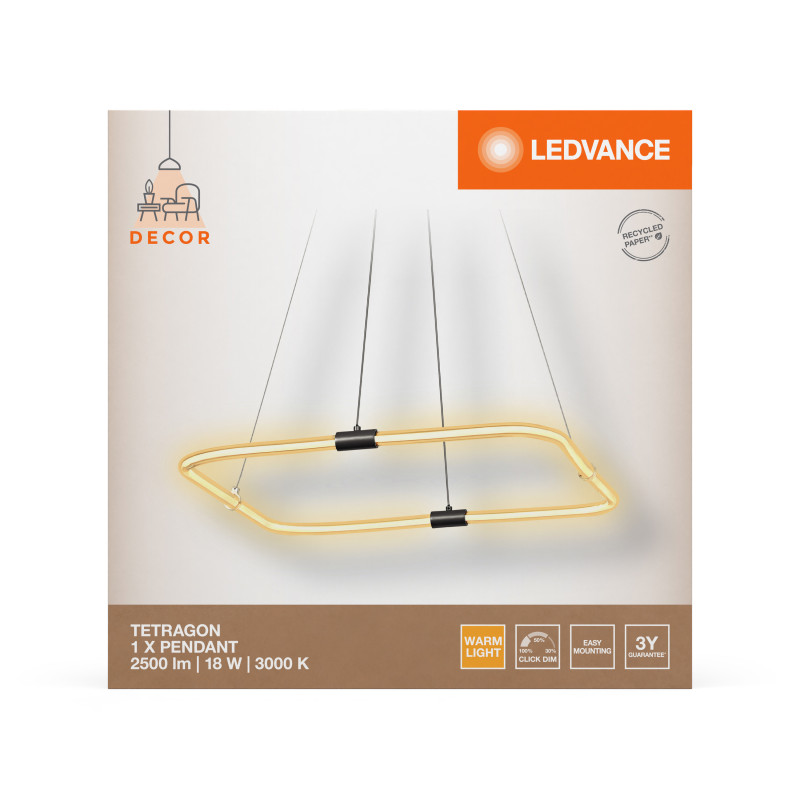 LED Світильник підвісний 18W 220V 2500lm 3000K 567x566x700mm DIM [4058075842182] Ledvance DECOR TETRAGON PEND
