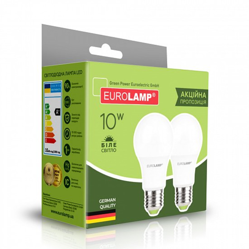 Лампа светодиодная акция "1+1" 10W 220V 860lm 4000K Е27 60x112mm груша [4260410481530] MLP-LED-A60-10274(E) EUROLAMP