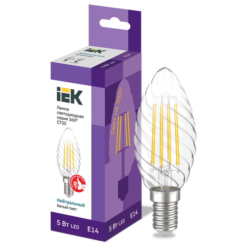 Лампа светодиодная винтажная 5W 220V 4000К E14 35x97mm филаментная [LLF-CT35-5-230-40-E14-CL] серия 360° УЕК