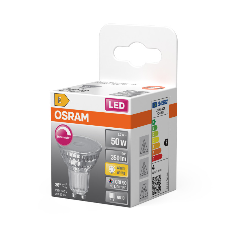 Лампа LED 3,7W 230V 350lm 2700K GU10 DIM 50x54mm рефлекторная [4099854457487] Osram PAR16