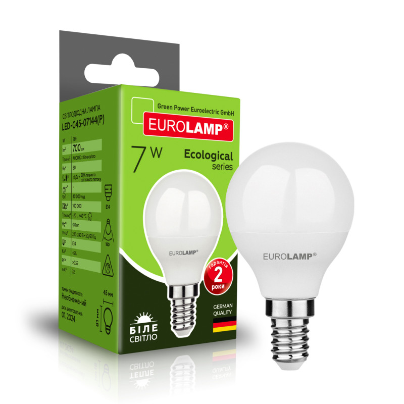 Лампа світлодіодна 7W 220V 700lm 4000K E14 45x81mm шар [4262380665019] EUROLAMP LED-G45-07144(P)