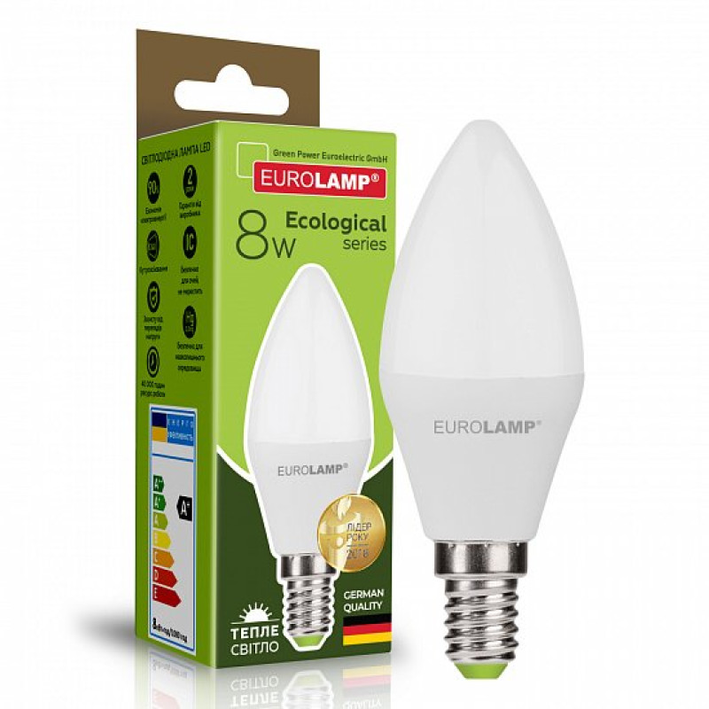 Лампа світлодіодна 8W 220V 680lm 3000K Е14 37х108mm свічка [4260484998569] LED-CL-08143(P) EUROLAMP