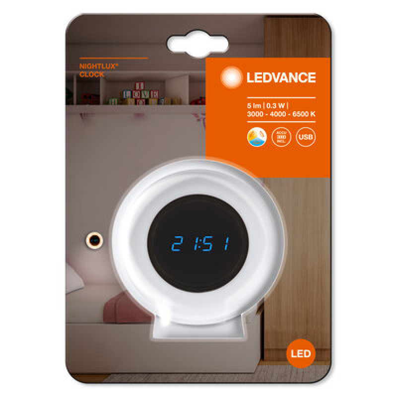 Нічник 0.30W 5V 5lm 3000-6500K 1000mAh 90x96.1x48.4mm [4058075757721] Ledvance NIGHTLUX CLOCK на акумуляторі