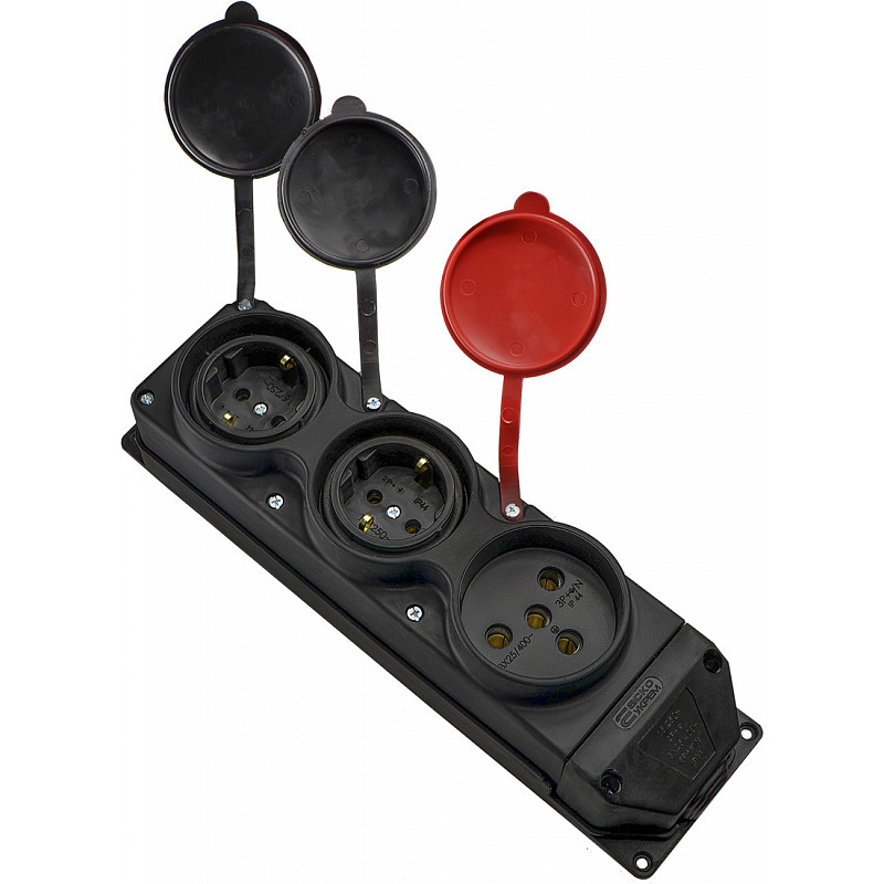 Колодка 3 гнезда с защитными крышками 1×25А/2×16A*2P+P 3Р+PE IP44 каучуковая [A0250010013] АСКО