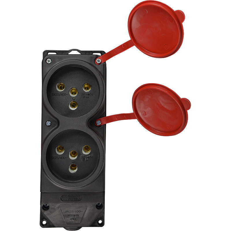 Колодка 2 гнезда с защитными крышками 25А 3Р+PE IP44 каучуковая [A0250010012] АСКО