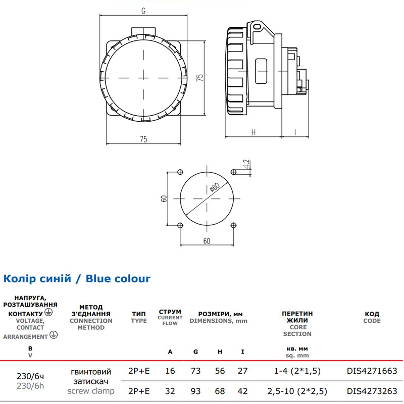 Силовая розетка 2P+PE 16А 230В встраиваемая IP67 основа 75х75мм [DIS4271663] Quadro ДКС