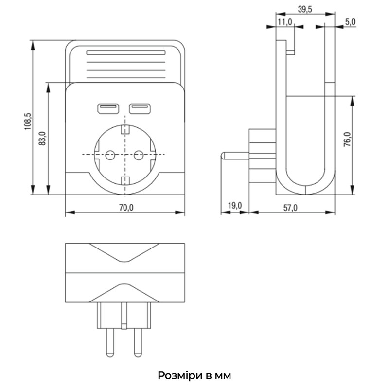 Розетка з USB зарядкою 16А 2P+PE 2хUSB 2,4А білий [WTP11-16-01-G-U] Т-02/01 UEC