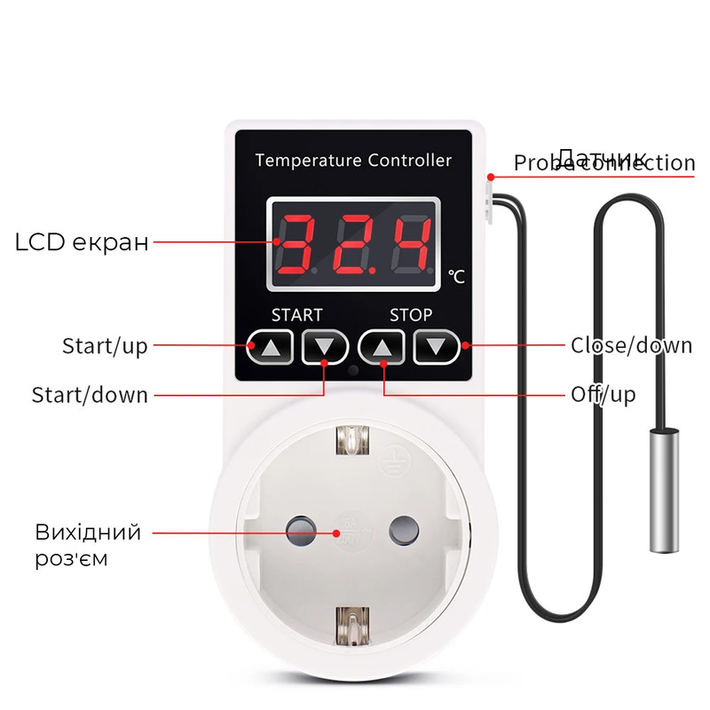 Цифровой термостат 10A 230V с датчиком температуры -20~120℃ в розетку [DART:VPT] TAXNELE