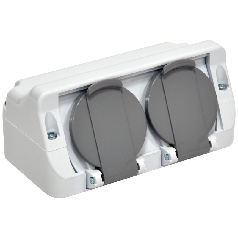 Розетка двойная с заземлением угловая наружная PC IP44 белая [4481020] PRE-2 ETI
