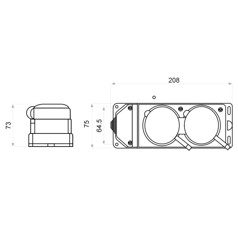 Колодка 2 гнезда с защитными крышками 1×25А/1×16A*2P+PE 3Р+PE IP44 каучуковая [A0250010011] АСКО