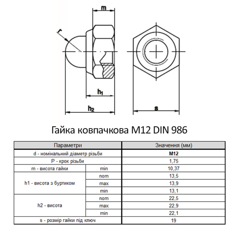 DIN986 М12 нержавеющая сталь шаг 1,75 под ключ 19мм гайка колпачковая [N6V00000N6VK120000] Metalvis