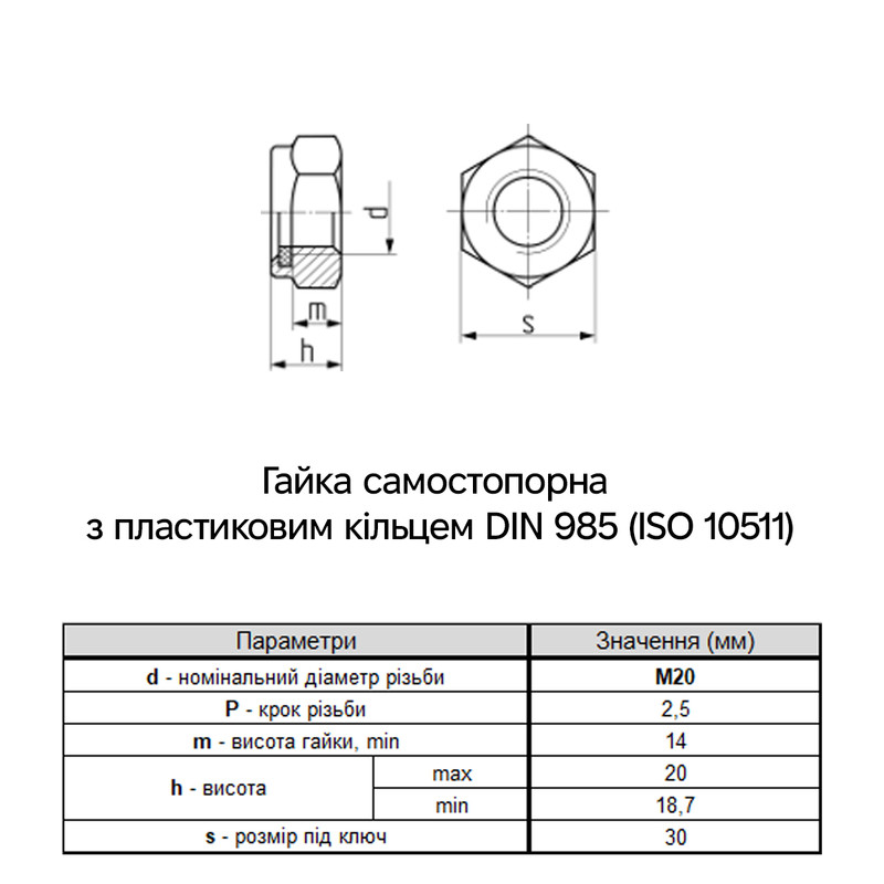 DIN985 М20 сталь 8 крок 2,5 під ключ 30мм гайка самостопорна цинк білий (100 шт.) [6P20000006P2020080] Metalvis