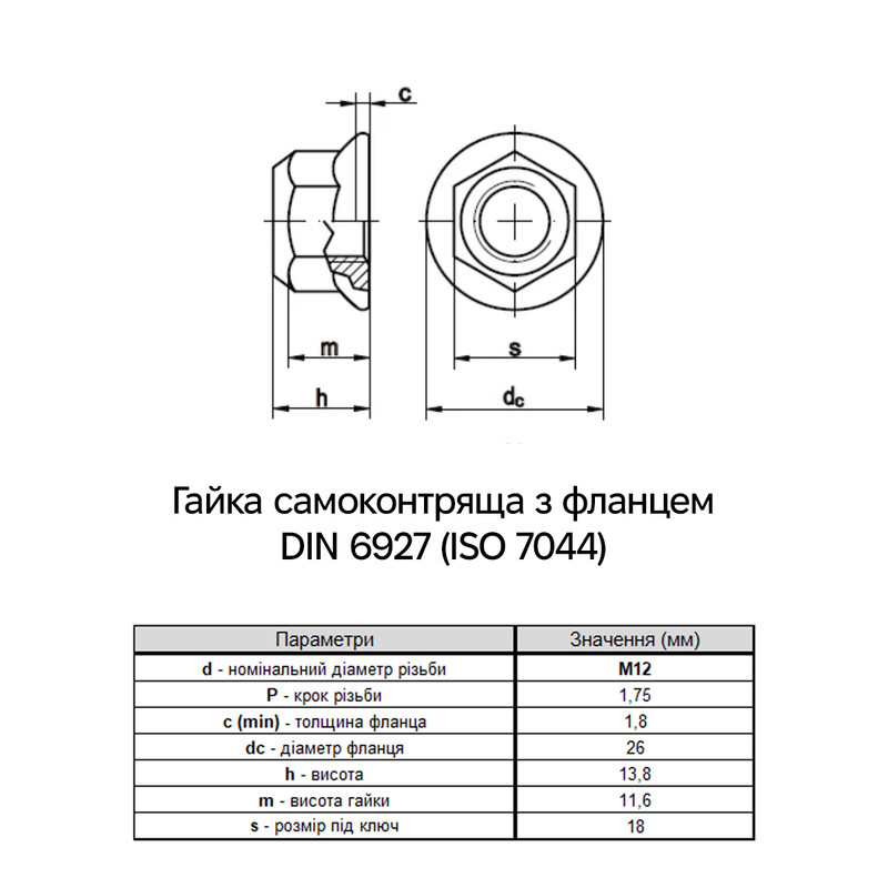 DIN6927 М12 сталь 10 шаг 1.75 под ключ 18мм гайка самостопорящаяся с фланцем Delta-MKS (100 шт.) [6P7000006PF12000D1] Metalvis