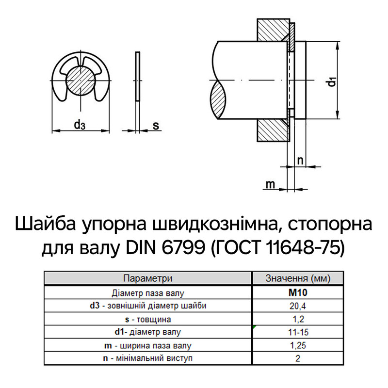 DIN6799 М10 зовнішній ⌀20,4мм товщина 1,2мм сталь шайба упорна швидкознімна без покриття [7X00000007X1000000] Metalvis